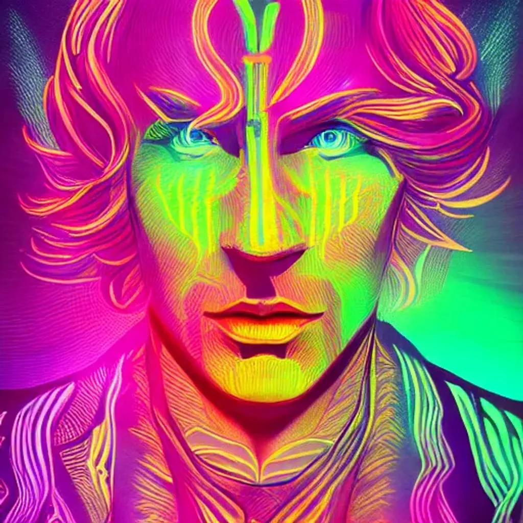 Prompt: Hypnotic illustration of a man, hypnotic, psychedelic art, pop surrealism, dark glow neon paint, mystical, Behance, 4k, 8k, 