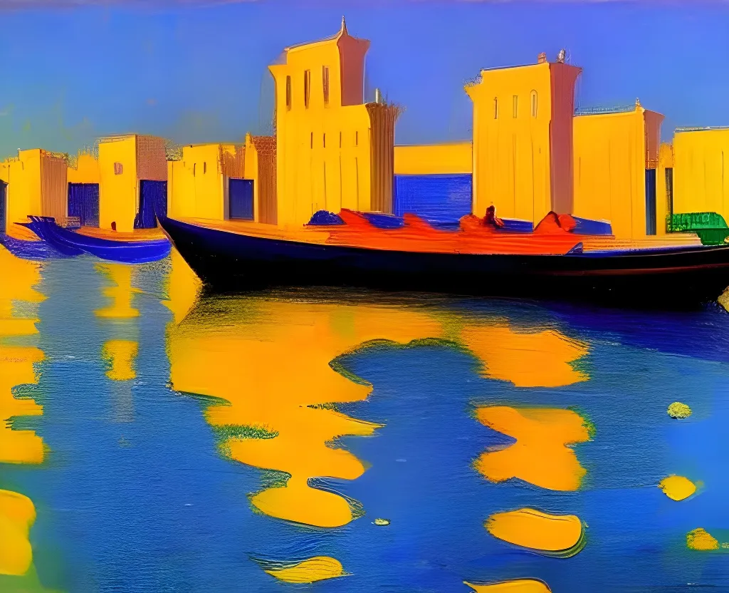 Prompt: dubai creek beduins crowded on small boats water ripples reflections gazing sunlight pale colour scheme edward hopper 