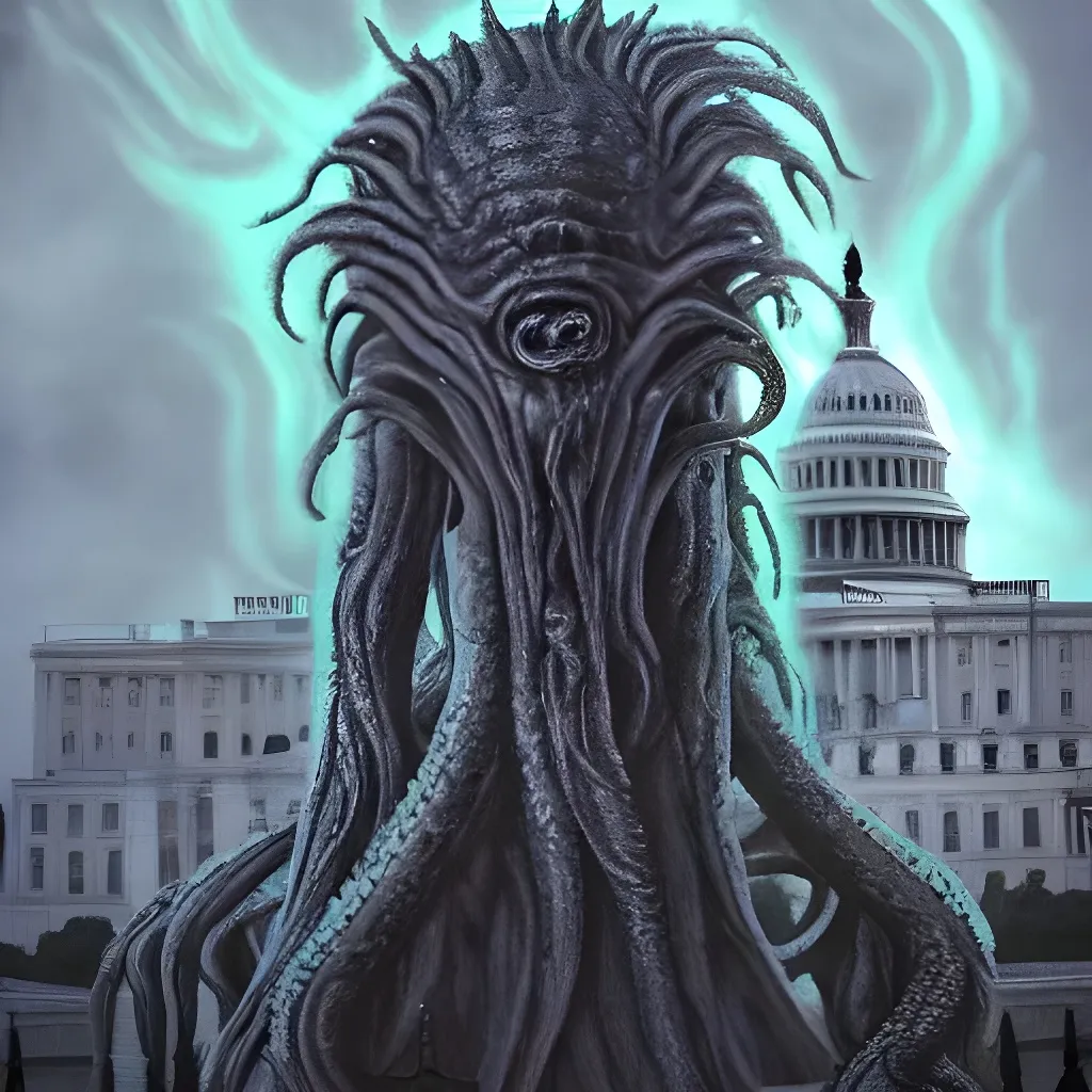 Prompt: joe biden as an evil giant cthulu god behind small white house foreground washington dc,  tentacles, fantasy, lovecraftian, mist, bioluminescence, hyper-realistic,  dark art, fear,  h. r. giger, highly detailed, high definition, 8 k, trending on artstation w 1 0 8 0 h 1 9 2 0