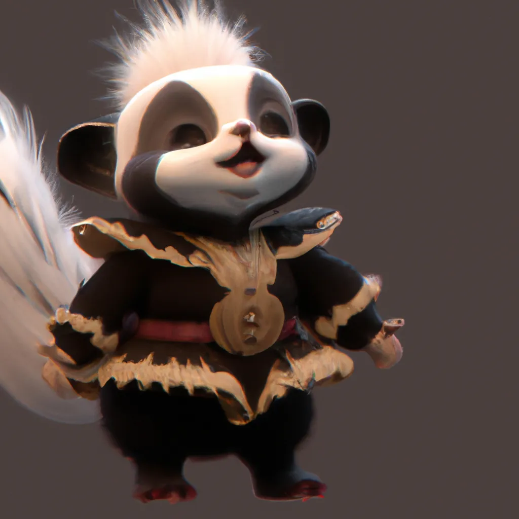 Prompt: High quality, Pixar style, tiny cute and adorable fluffy skunk  dressed in fantasy clothes, fantasy outfit, fantasy dress, small, adorable!, spotted skunk, anthropomorphic ,dnd, adventurer, dramatic lighting, 8k, portrait, cartoon, fine details, 3d render, cinematic ,intricate details, cinematic lighting, character design, character concept, cute, mascot,  adventure, dungeons and dragons, 8k, fluffy!, tsaoshin, pixar movie key visual, fantasy, DnD, adorable!, big eyes, animated, disney, anime, animation