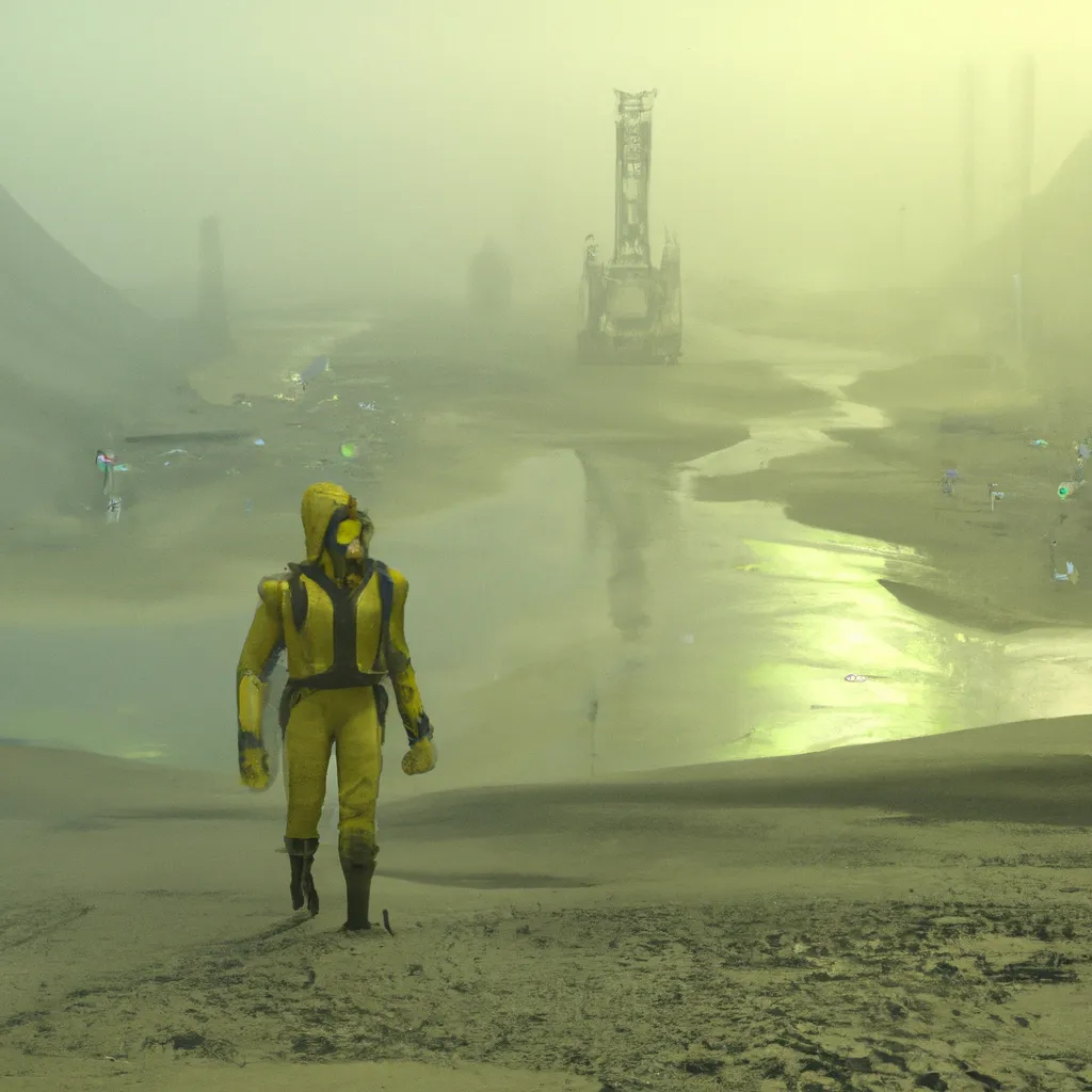 Prompt: Cinematic movie still of a man in a yellow leather hazmat suit walking the ethereal plane of a Dystopian Wasteland with the infront of himtown sinking in a crater filled with lime green ooze, erie, foggy, scary, digital art,4K, octane render,award winning,