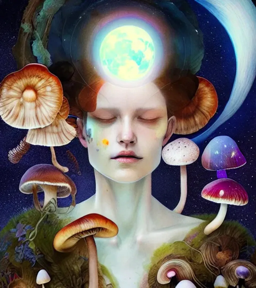 Prompt: Character by Ryan Hewett, Detailed eyes, digital painting, Beautiful woman with mushrooms growing out of her hair, hq, fungi, celestial, portrait, victo ngai, moon mushrooms, Jan van Eyck, galaxy, moon
