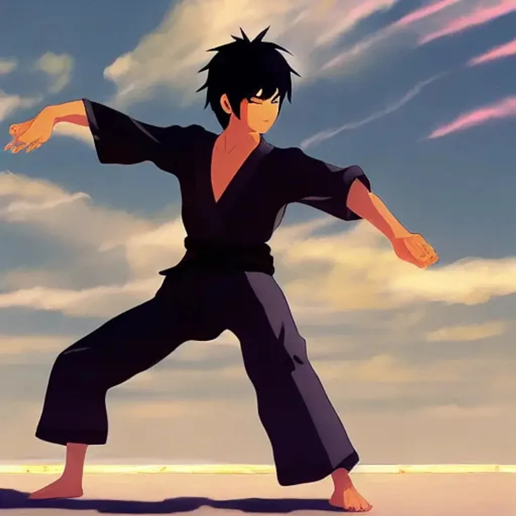 Prompt: A silouet of karate kid,Art by Makoto Shinkai