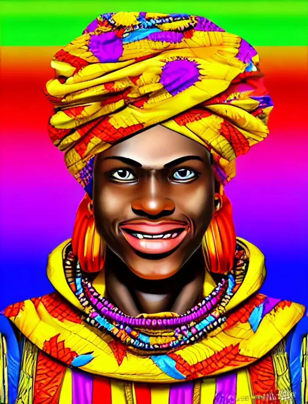 Prompt: African prince dressed in traditional brightly colored robe and a patterned fabric worn wrapped around the waist with a turban, confident and dignified, royal, piercing eyes, art station, detailed, digital art