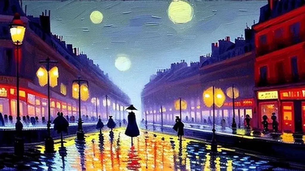 Prompt: The Lights Of Paris At Night While It’s Raining, beautiful, ivan shishkin, impressionism, camille pissarro, ismail inceoglu, claude monet, alena aenami, fantasy art