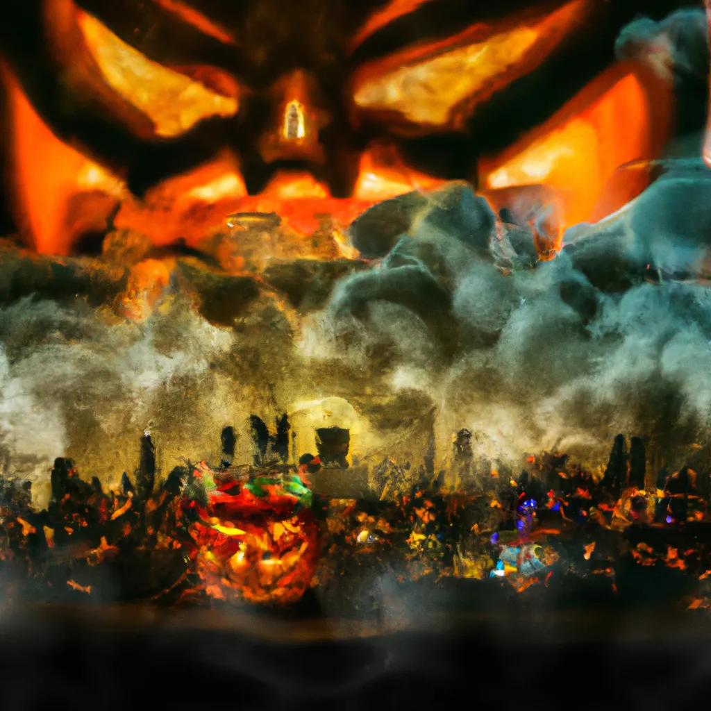 Prompt: Its a Halloween city, ghosts and Spiders peak through a lit screaming jack-o-lantern pumpkin on fire, wide angle, sinister scene,  centered,  sharp focus and details, fine art, Halloween theme, orthogonal view  dark background By Mel Ramos