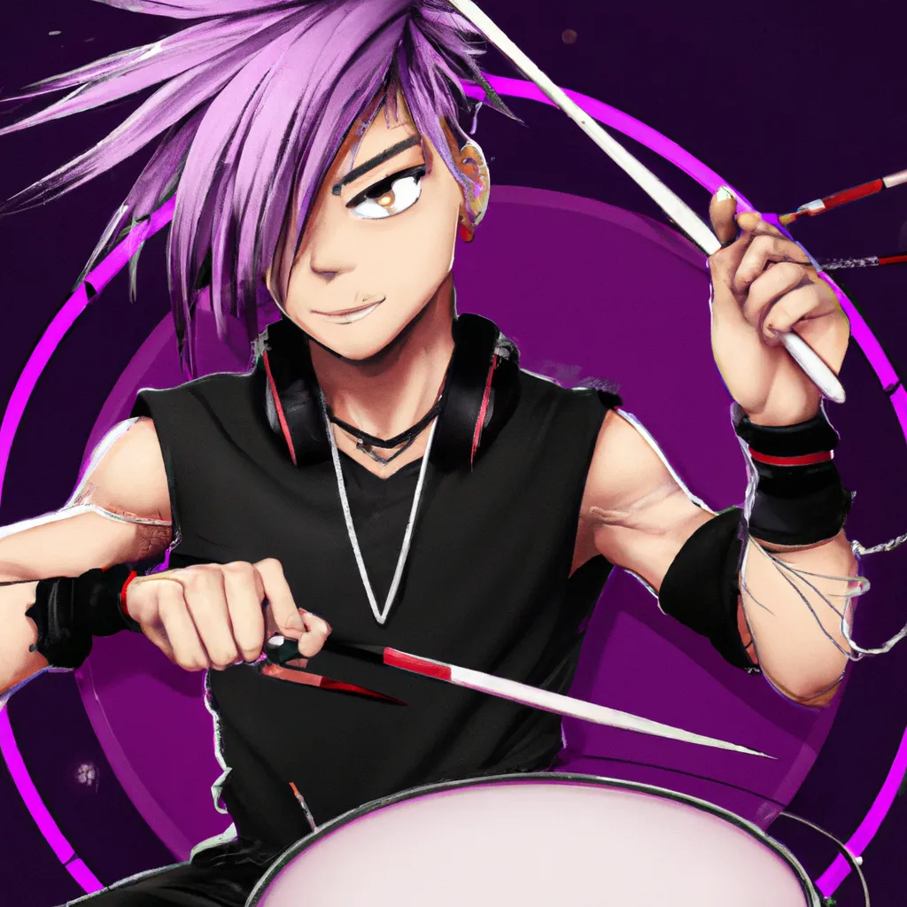 Prompt: anime boy, short undercut purple/black hair, tan skin, hazel eyes, rocker, rock music, attractive, hot, popular drummer, playing the drums, edgy, tattoos, multiple piercings, popular online, kyoto animation, animation, anime, animated, 2010s anime, key visual, main character, character design, character concept, Free! anime, saturated colors, high quality, 8k, A3!, B Project, Given anime, Otame games, manhua, manhwa, perfect composition, beautiful detailed intricate insanely detailed octane render trending on artstation, 8 k artistic photography, photorealistic concept art, soft natural volumetric cinematic perfect light, chiaroscuro, award - winning photograph, masterpiece, oil on canvas, raphael, caravaggio, greg rutkowski, beeple, beksinski, giger