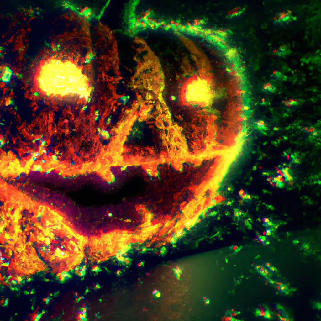 Prompt: A tilted angle dynamic shot of Jack o' Lantern, tilt-shift lens, immersive 4k fractal intricate patterns, high dynamic range, slow sutter speed, no blur, spiritual knitted nebula render on deviantstation by Rapfonyul