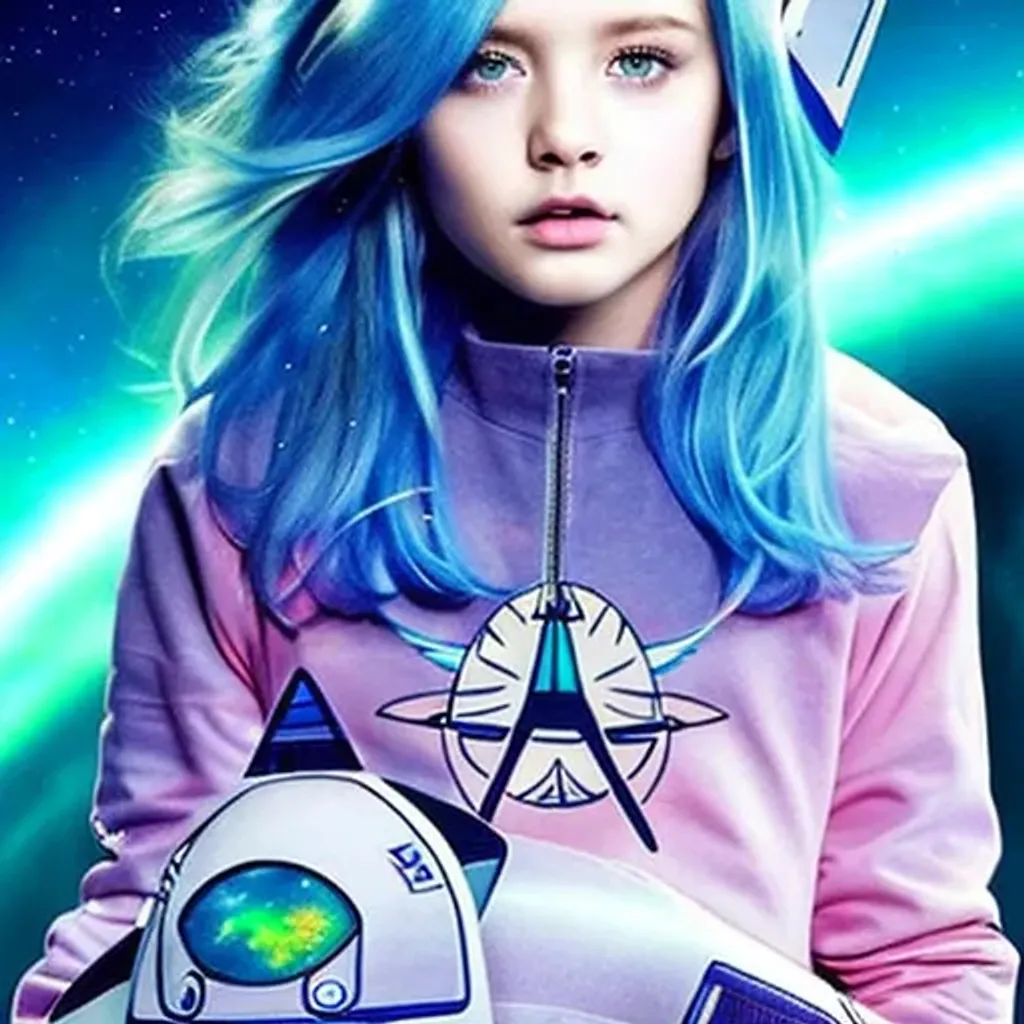 Prompt: cute and beautiful {russian} child girl with blue eyes on the spaceship and spacecraft and ufo dressed in clothes with geometrical sacred symbols, on the orbit of earth, northern lights, ultra-realistic soft sun lighting, {smooth soft skin}, sharp eyes, beautiful intricate {pink and white and soft blue hair}, soft pink lips, symmetrical face, anime wide blue eyes, soft lighting, gently {shy smile}, cute smile, looking into camera, highlydetailed {eyes with reflection}, bright soft light from the behind, {sacred geometry and geometry symbols on the face}, stars, sky, sacred geometry, light languages