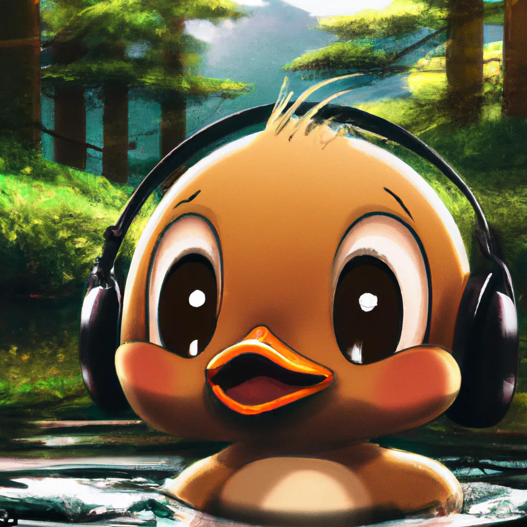 Prompt: a key anime visual of a cute adorable duckling listening to music, happy, digital Art, forest background, perfect composition, beautiful, trending on pixiv, 8 k concept art, cinematic, soft lighting, anime visual, official media, spy x family, call-shaded. detailed, detailed face, a still from Bambi, animated poster