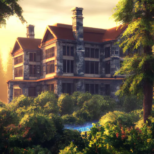 Prompt: Woodland mansion from Minecraft at beautiful sunrise, photorealistic and beautiful digital painting