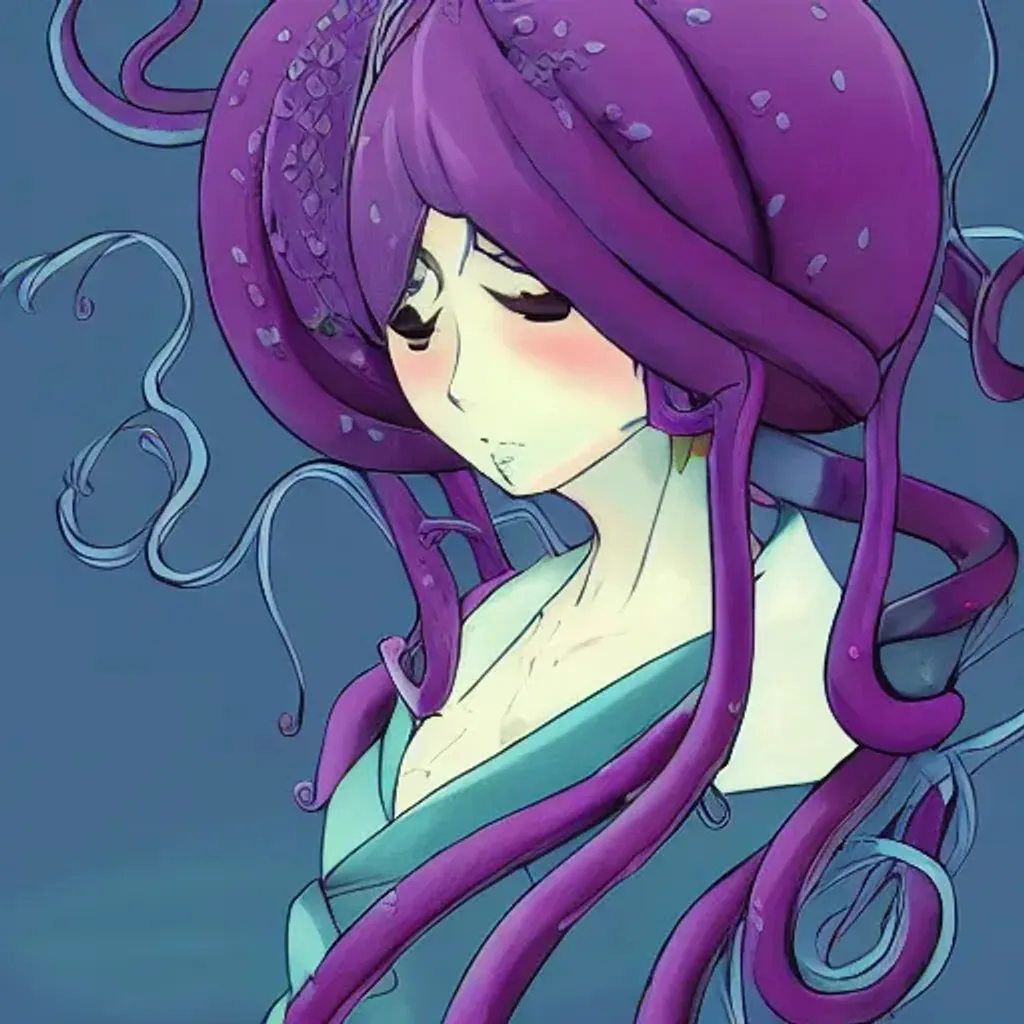 Prompt: Anime Cute elegant Japanese Octopus lady, portrait, peaceful, art by studio ghibli, purple, vivid colors, highly detailed, professional, trending on artstation