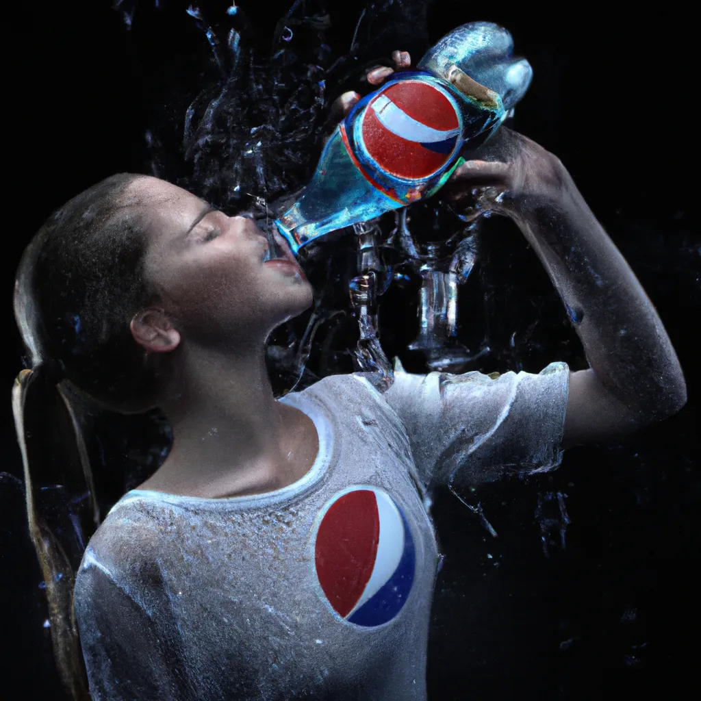 Prompt: An advertisement shooting- Photorealistic hyperrealistic close up high speed render of a  beautiful girl drinks out of a Pepsi bottle. splashing water hugs around the bottle like a beautiful fine body with beautiful smooth curves, dark background, beautiful highly detailed droplets, reflections and refractions, condensation, dark studio backdrop, Beautiful studio lighting, Nikon Z7, ISO 400, Sigma 85mm f4.5 DG DN, aperture f/11, exposure 1/2000, studio lights, centered, high speed camera, studio lighting, crisp sharp focus, isolated background. What part of sharp focus are you not understanding?