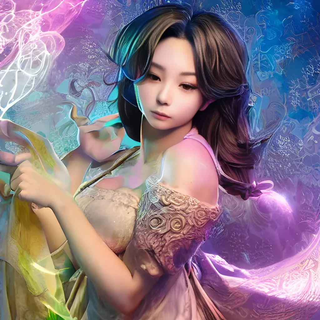 Prompt: studio photo of colorful female mage as absurdly beautiful, elegant, young smiling gravure idol, ultrafine photorealistic face illustration by kim jung gi, irakli nadar, intricate linework, sharp focus, bright colors, matte, octopath traveler, final fantasy, unreal engine highly rendered, global illumination, radiant light, intricate environment