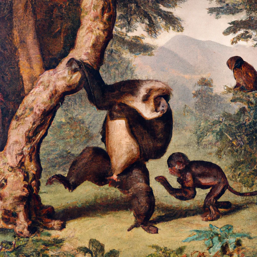 Prompt: 1800s painting of big monkey holding up small monkey in jungle 