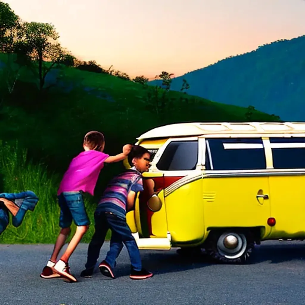 Prompt: painting of 2 adults and 2 young boys, fighting with an angry teenage sister, yellow Microbus in the hills of Tennessee, side view at dusk in the style of VanGo


