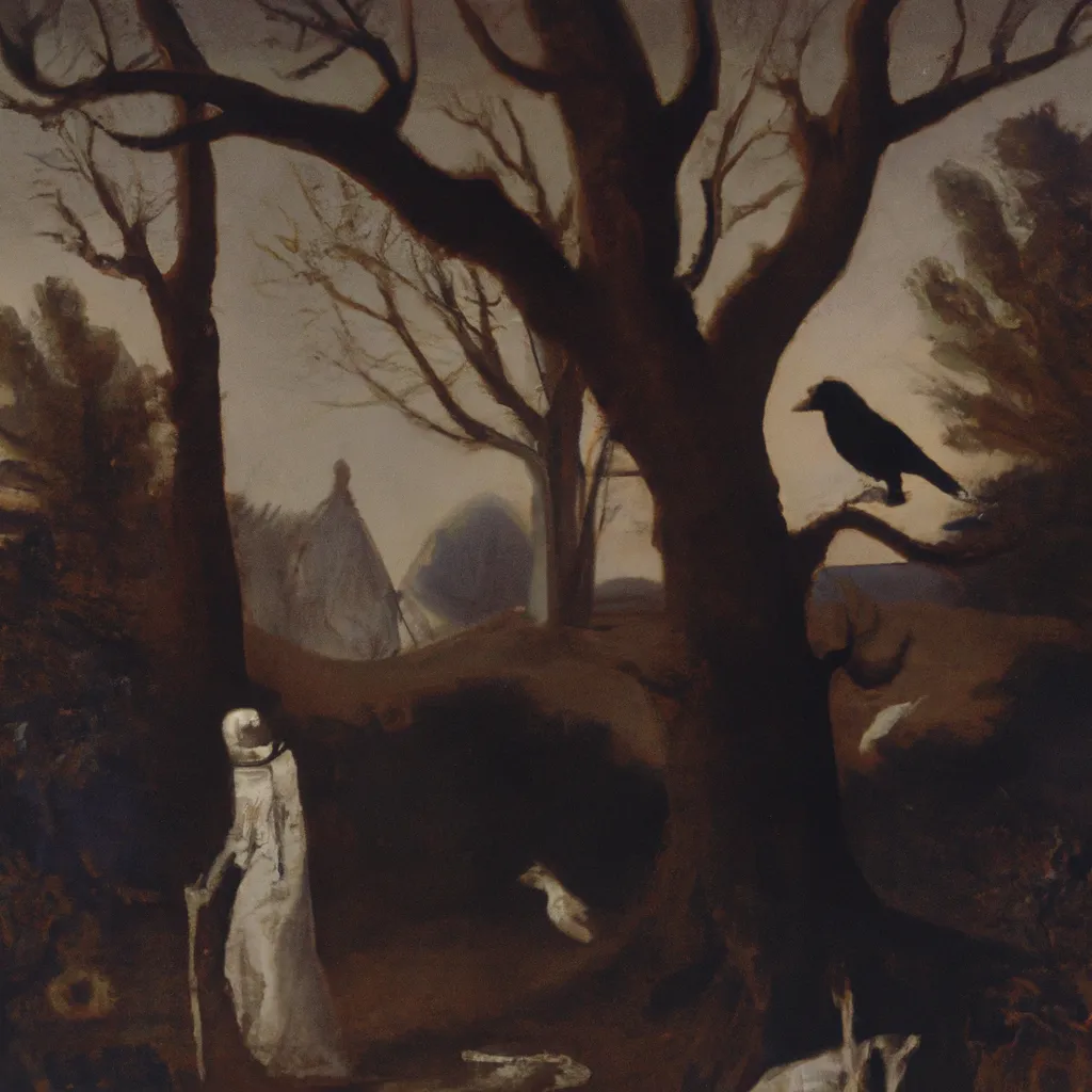 Prompt: A Hans Memling painting of a skeleton in a dark graveyard with crows in the trees