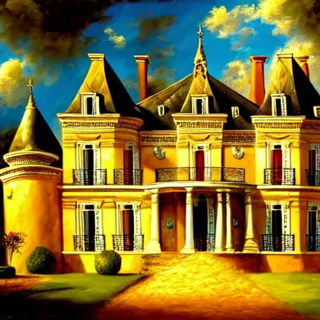 Prompt: A French provincial Chateau with a roof made of French baguettes and bread, oil painting, broad light, Valencia filter, rich lighting, high color saturation