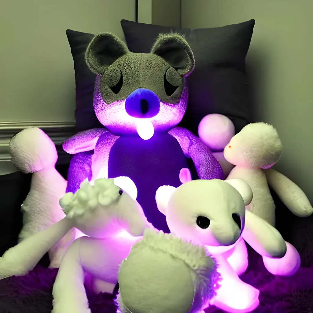 Prompt: Orrery saw purple lights shining brightly from the stuffed animals covering him. He clawed and dug his way through the lifeless stuffed animals that were no longer breathing into his mouth or keeping him down. Orrery shoved his hands into the open air above the pile of glowing stuffed animals he was in. He dug his way to the surface and stood up on the cave floor, which was about 3 feet below the top of the pile of luminescent stuffed animals he was standing in He gasped and coughed because of the putrid fumes from the decaying wool stuffing in the pile of purple luminous stuffed animals.
