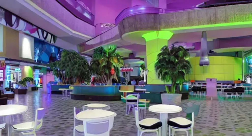 Prompt: indoor multi story retro 80's vaporwave aesthetic mall foodcourt with black and white tiles, multicolored neon lights, a prominent central fountain, palm trees, deciduous trees, and restaurant seating, ultra detailed, fuji film, nostalgic aesthetic, hdr quality, 