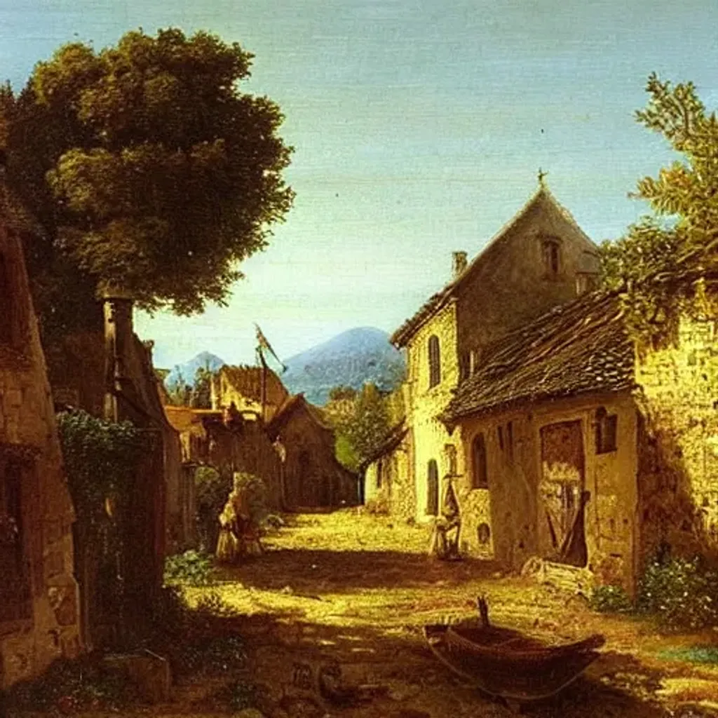 Landscape Oil Painting Small Medieval European Vill 