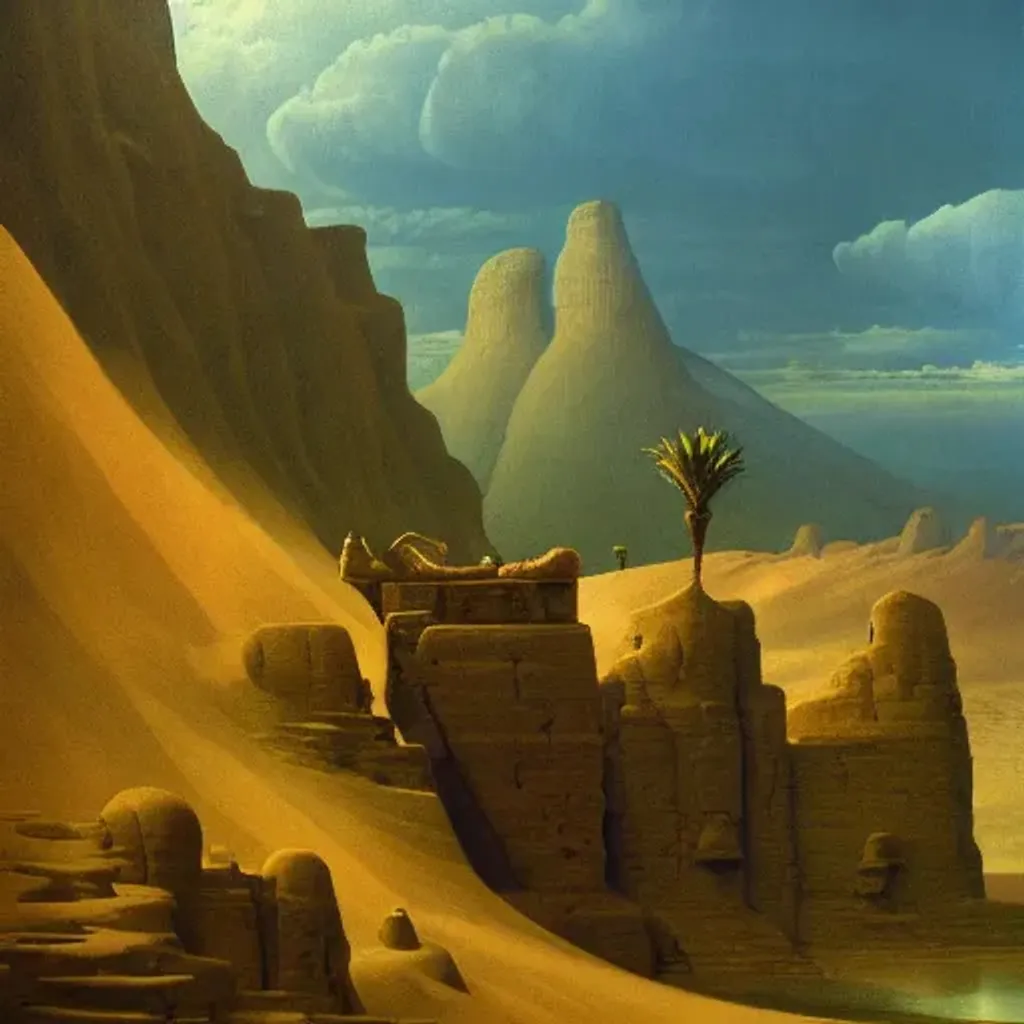 Prompt: Dream within a dream, isometric view of beautiful desert surrounded by palm trees, camels, caravans, cabins, tree house on a cliff, cozy, tropical, cinematic, hot, humid, ultrarealistic, intricate detail, style of Zdzislaw Beksinski