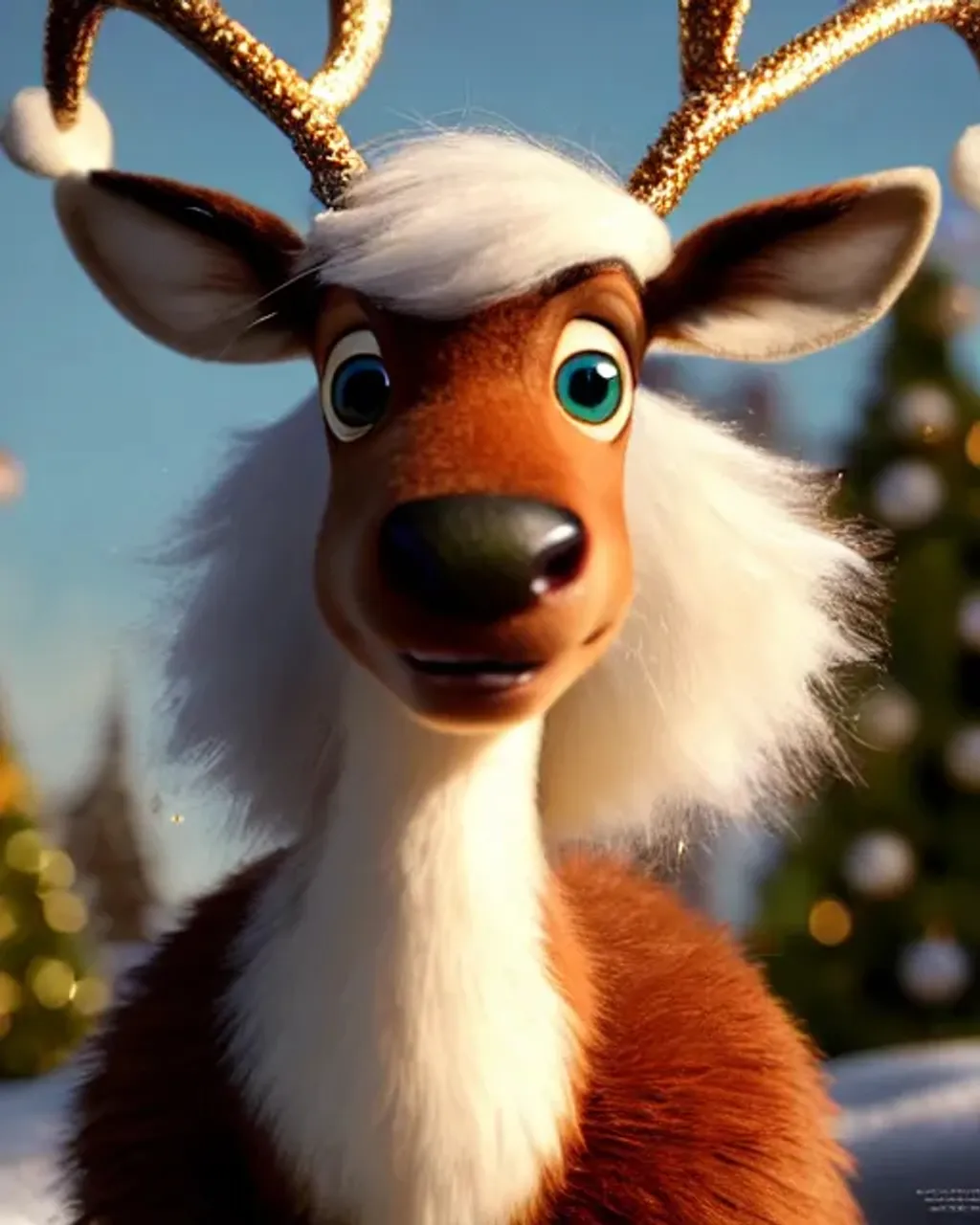 Prompt: Disney pixar, exquisite new character, cute reindeer girl, highly detailed, fluffy, intricate details, beautiful big eyes, maximum cuteness, lovely, adorable, beautiful, flawless, masterpiece, soft dramatic moody lighting, ultra high quality octane render, magic wood background, Christmas aura, hypermaximalist, trending on artstation, Anna Dittmann, Tom Blackwell