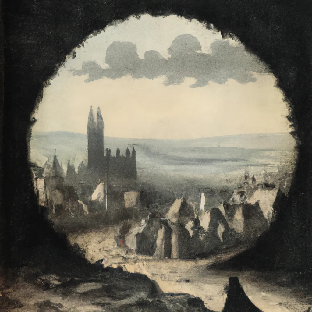 Prompt: 1800s painting of black oval shape casting shadow over medival town