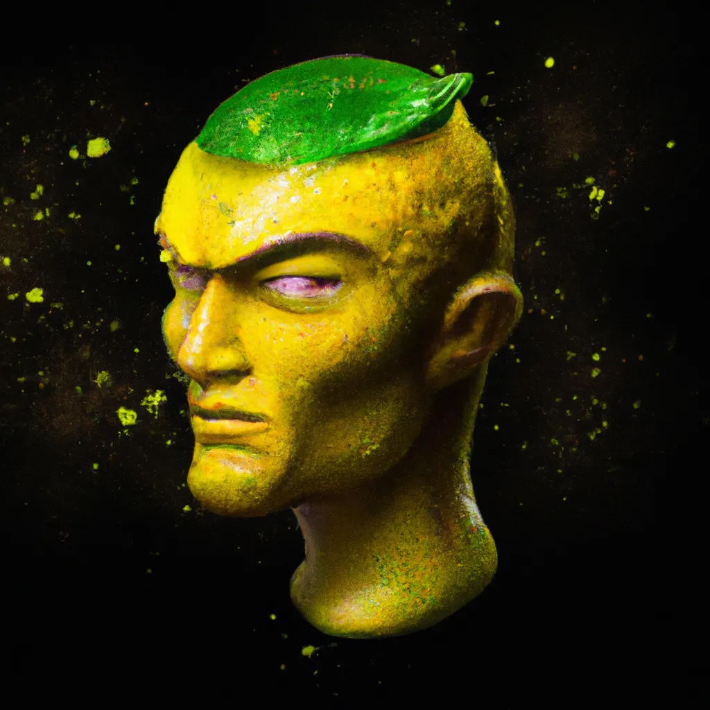 Prompt: lemon by Ben templesmith, octane render, superhero portrait of black light paint, splashes of colors, comic book art, sculpture, yellow and orange and green, manly, lemon shaped, lemon head, leaf coming out of top of head