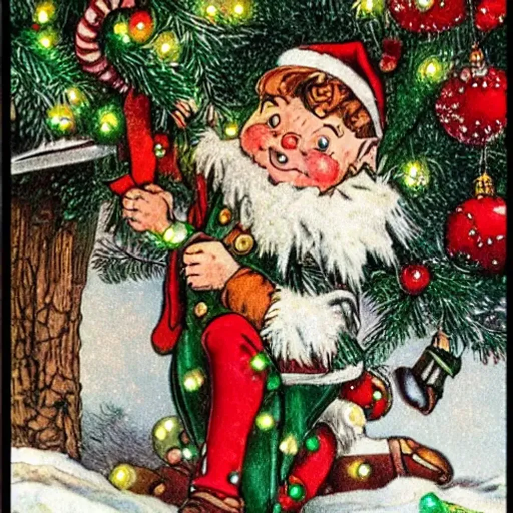 Prompt: a Christmas elf placing lights on a Christmas tree, in the style of Norman Rockwell, intricate detailed, joyous, merry, glittery