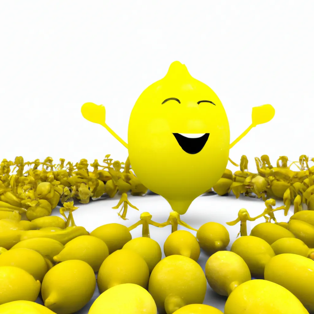 Prompt: 3-D Happy Giant Lemon surround by huge crowd of cheering lemon admirers
