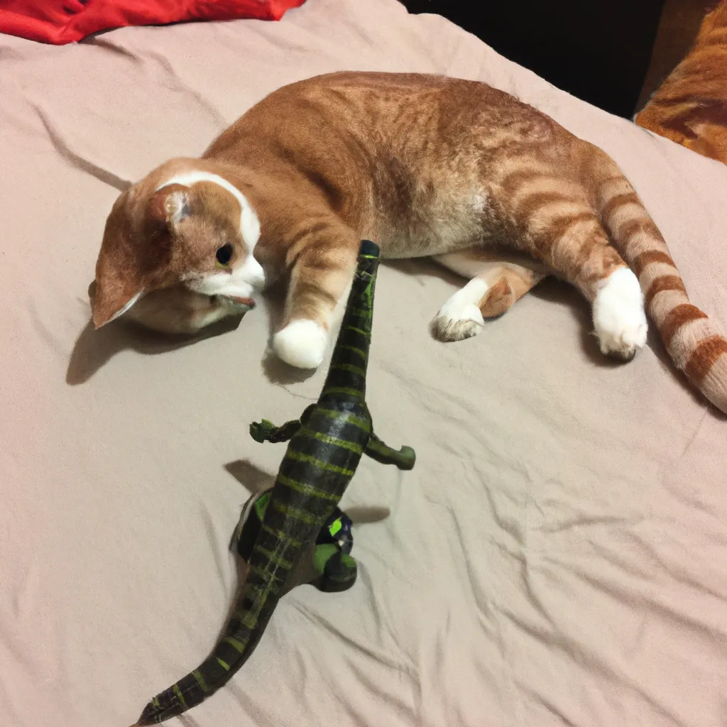 Prompt: A cat playing with a dinosaur