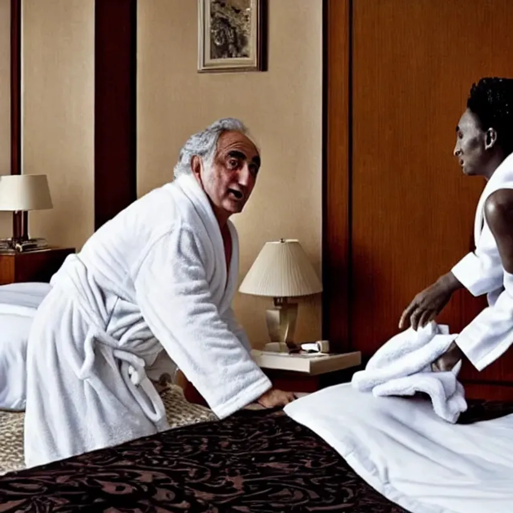 Prompt: paparazzi photo of "strauss-kahn" dsk wearing a bathrobe, pushing "cleaning woman" diallo on bed in hotel room, in-action, photorealistic