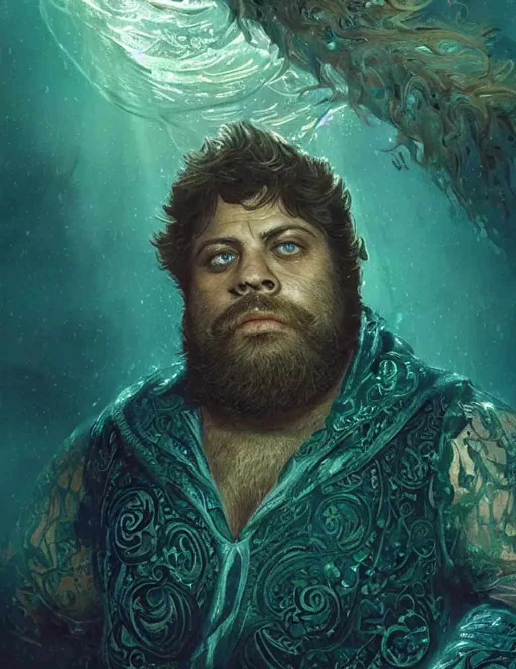 Prompt: Young heavyset cute Oliver Reed, sailing cambrian oceans, intricate hair, detailed beard, clear intricate face, with glowing runes on uniform, glowing lights, aquamarine and emerald lighting, symmetrical, wide eyes, intricate lush forest, light scattering, breathtaking beauty, intricate detailed undersea environment, by Greg Rutkowski