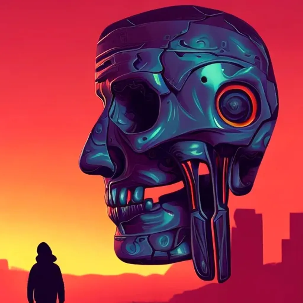 Prompt: a close up of a person with a broken face, by Aleksander Kobzdej, digital art, dan mumford and albert bierstadt, vector illustration, robot city ruins, a beautiful artwork illustration, smoth 3 d illustration, the head of the man is a skull, poster illustration