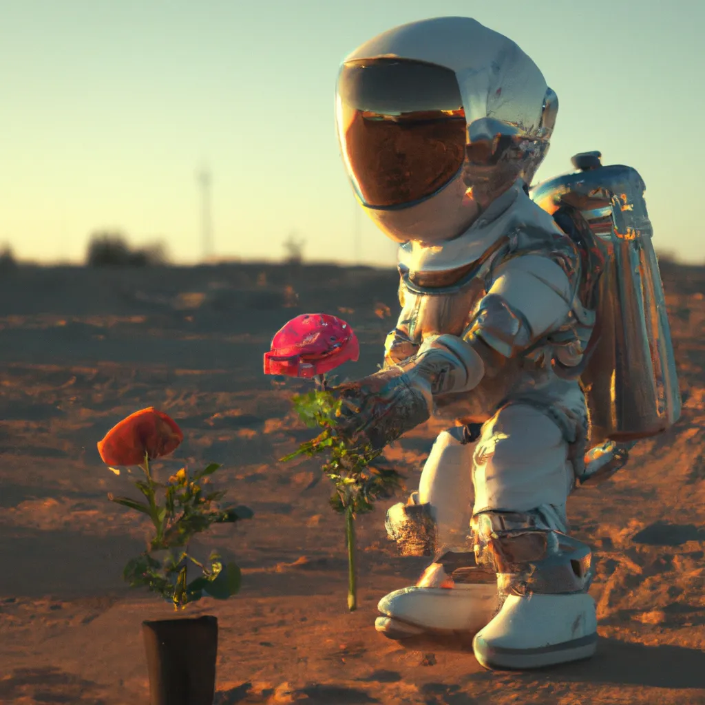 Prompt: 🙂 cute adorable boy wearing solarpunk spacesuit without helmet, watering a rose using watering pot, in the junk wasteland on mars, light in Octane Render