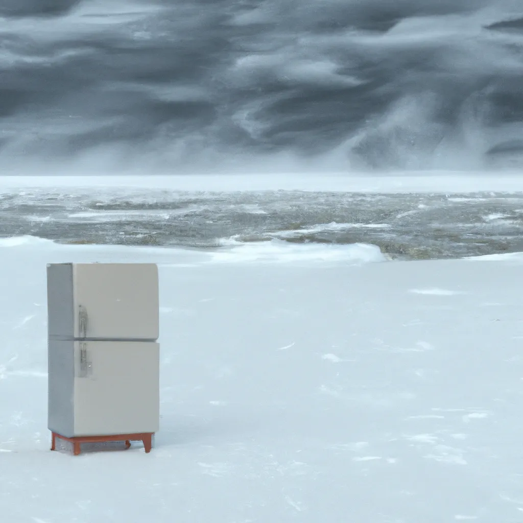 Prompt: Photo of a refrigerator on a snow covered frozen lake during a blowing blizzard, photorealistic award-winning art oil painting 