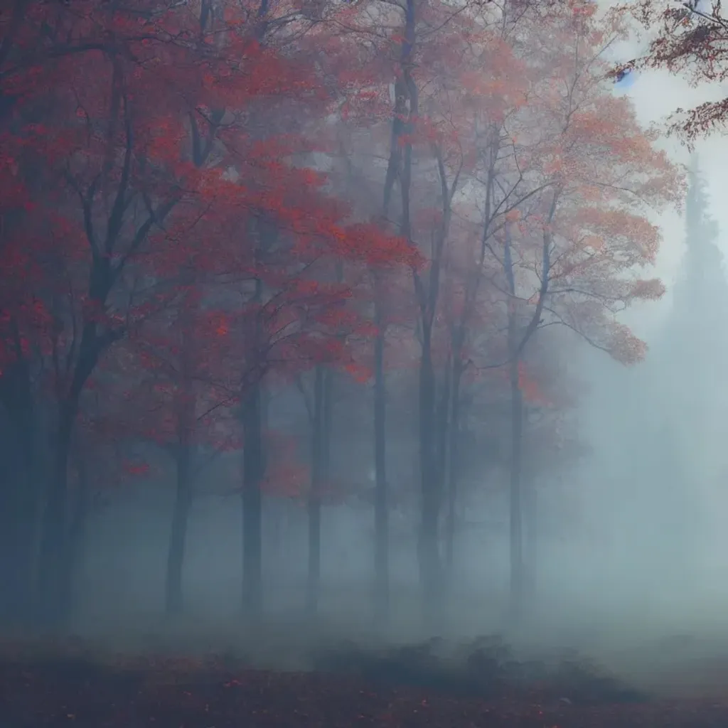 Prompt: hills covered in trees with autumn colors, soft light, at night with city in the distance