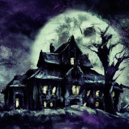 Prompt: Large beautiful and spooky Halloween themed mansion in dark oak illuminated by bright moon at starry night, professional digital painting