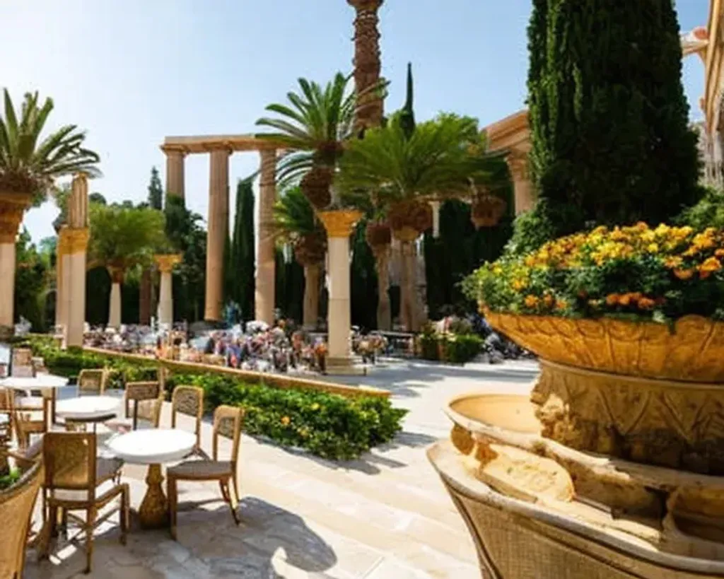 Prompt: ancient Greek themed open-air restaurant, full of people, palms, flowers, mosaics, pillars, marble, columns, statues, golden details, atmospheric sunny day.