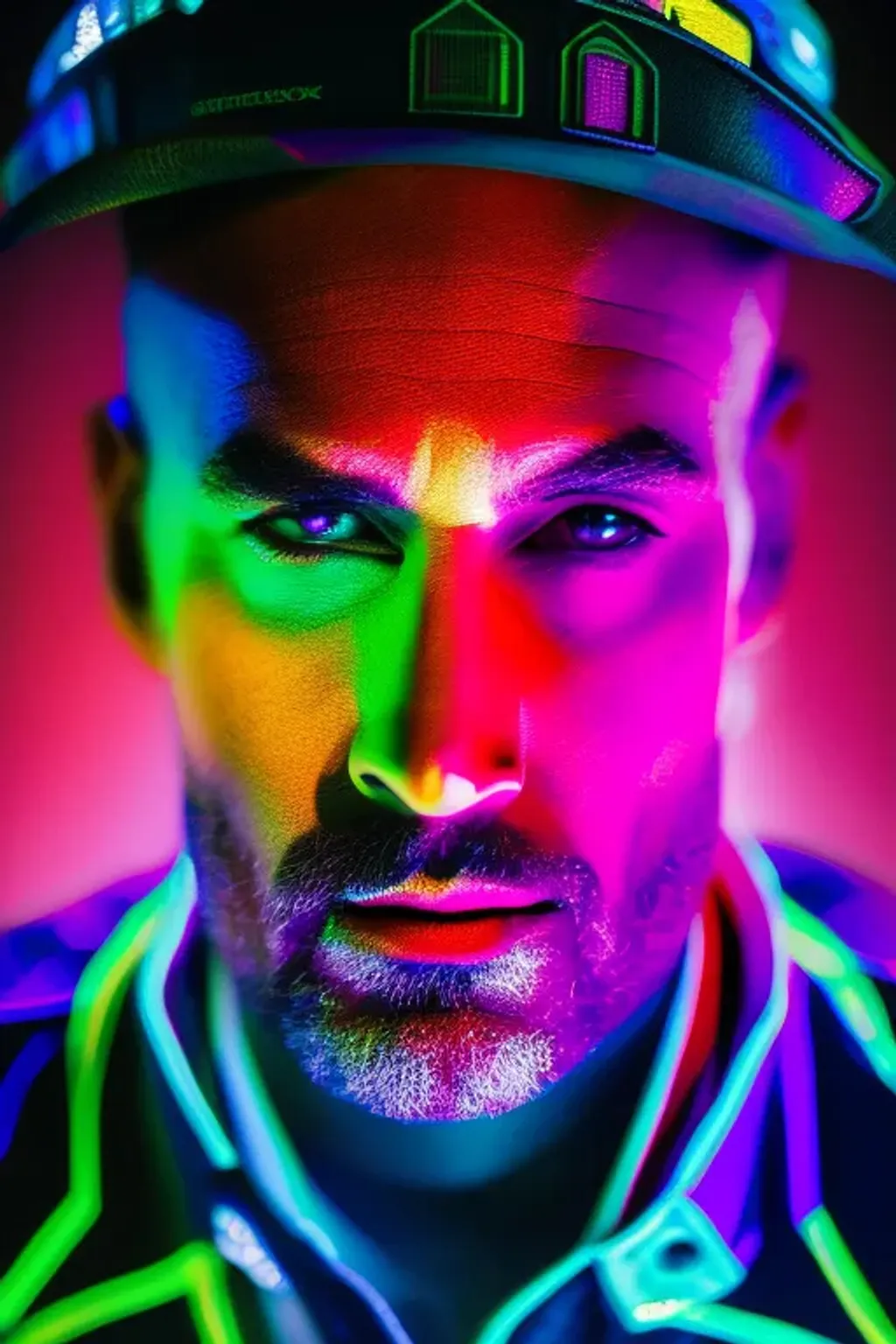 Prompt: Vivid Neon Colors, Portrait Photo of a Man Superhero, Long shot, highly detailed, intricate detail, Cityscape, highly detailed