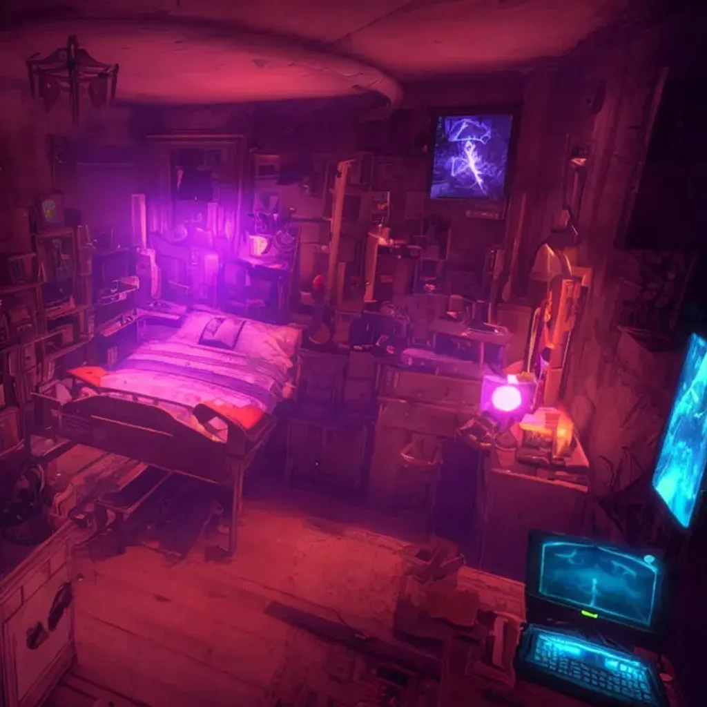 Prompt: bioshock's rapture in neons in a fort frolic, bedroom apartment with a bed and a desktop workspace with 3 monitors