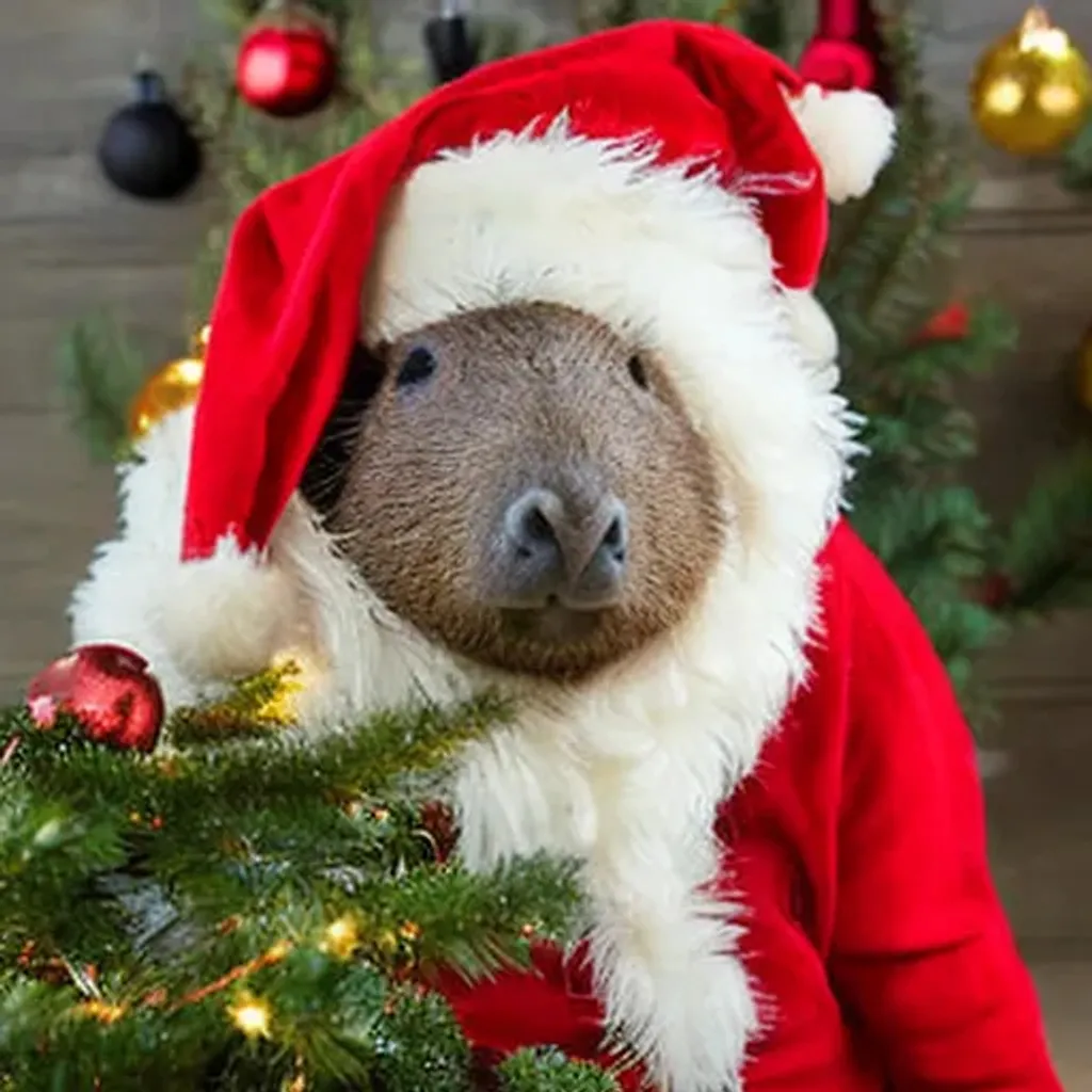 Prompt: capybara dressed as santa  in a christmas scene