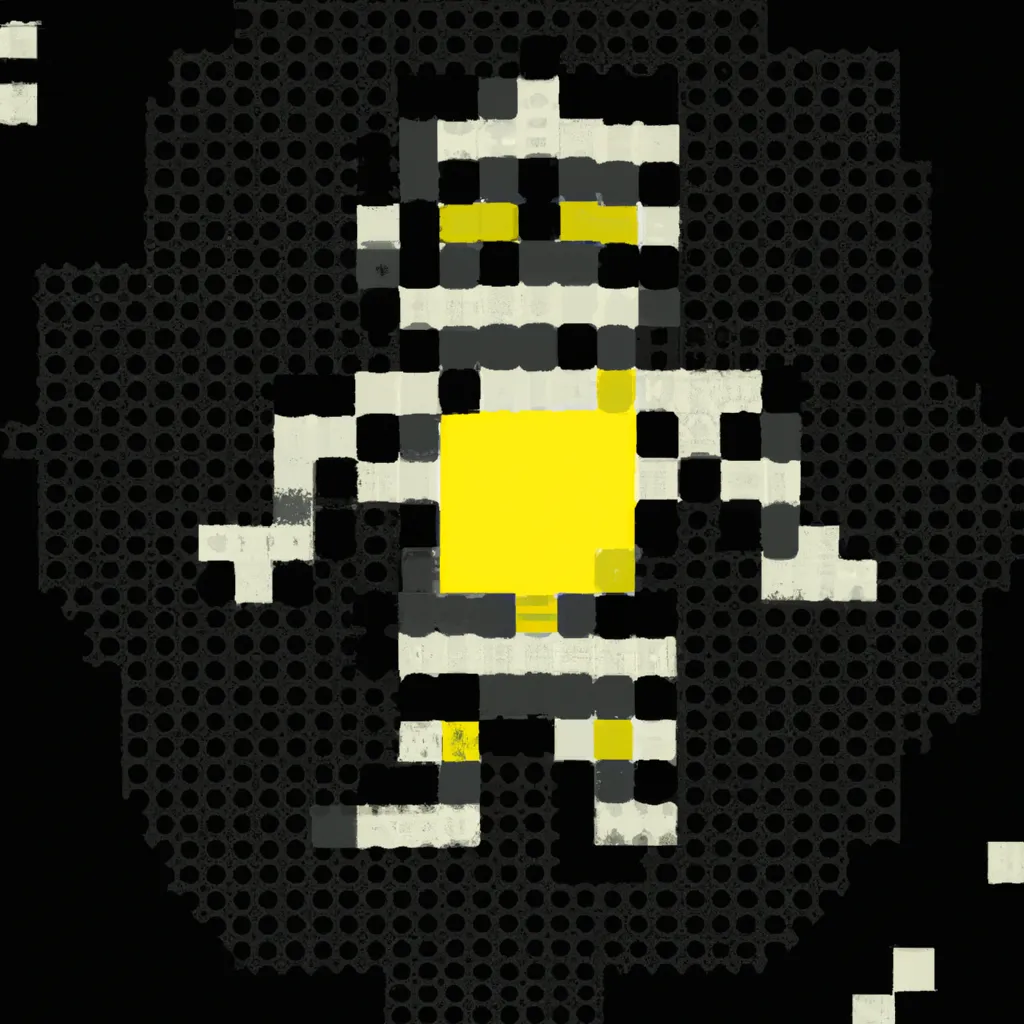 Prompt: stickman robot dot matrix screen Xenon Lamp, Spherize, yellow, spooky dark dimmed