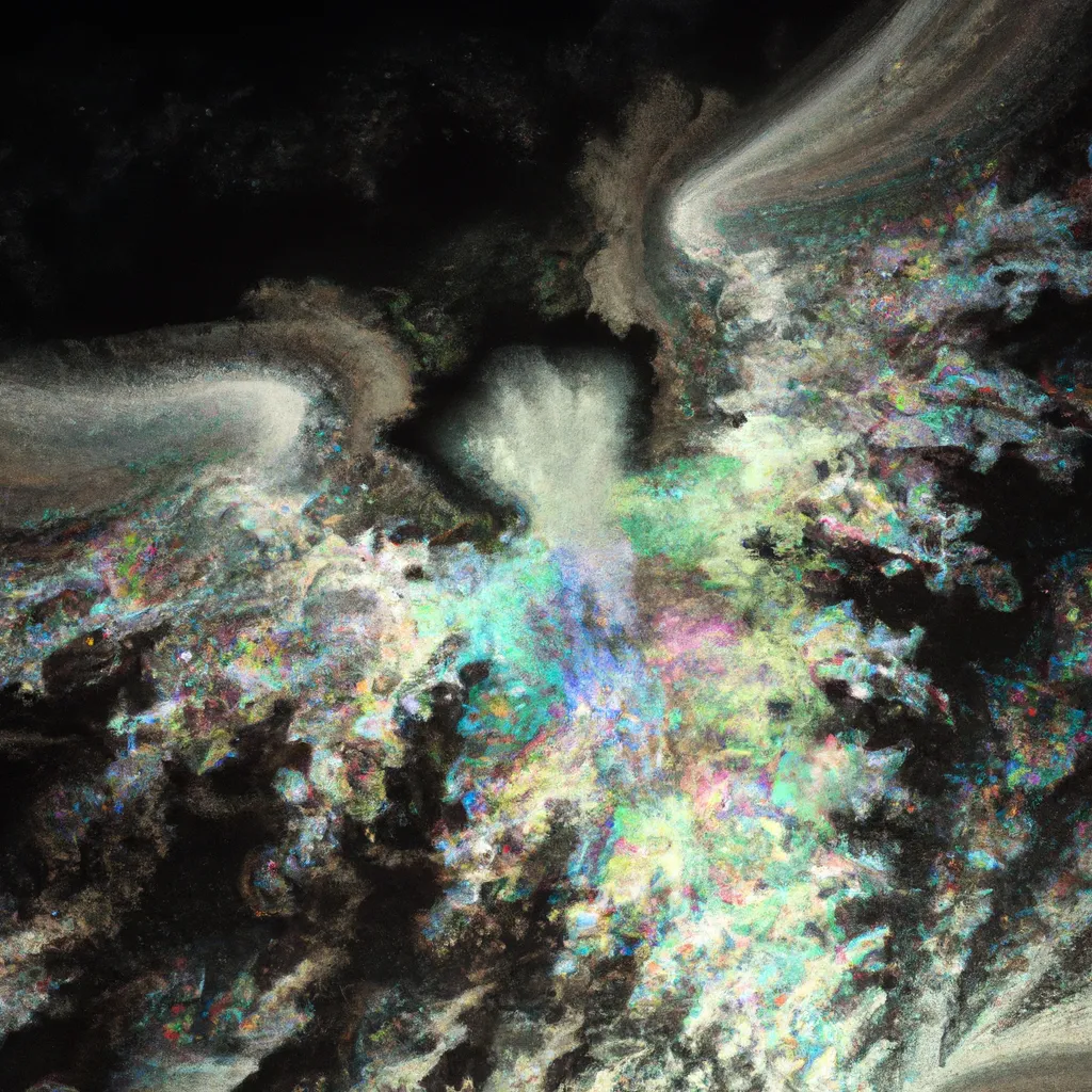 Prompt: an angel flying above the ground in the clouds, insanely detailed render of mandelbrot set made of glowing knitted neon nebulae