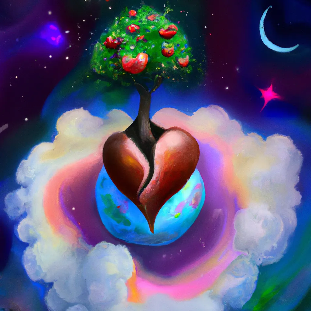 Prompt: Expressive surrealism digital art 

          Tree of love on an apple planet in space 

          