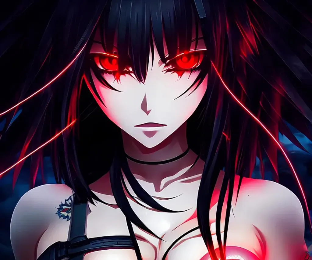 Prompt: a woman with red glowing eyes and black hair, half body composition, epic composition, creepy atmosphere, fine details, detailed face, beautiful, anime drawing, anime, masterpiece, award winning