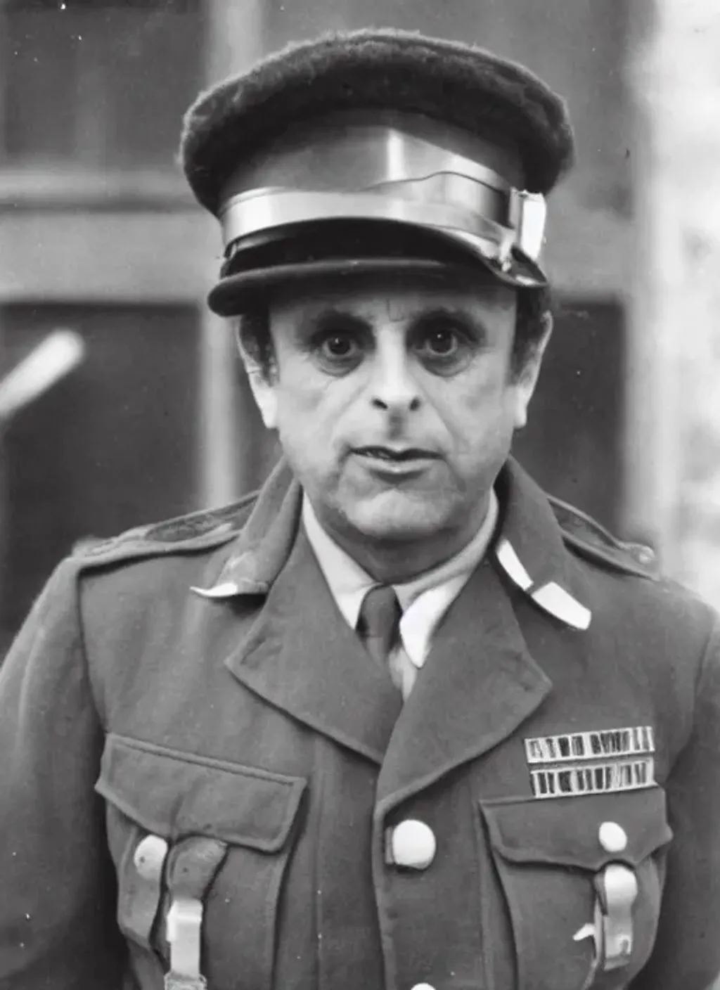 Prompt: Photograph of Sylvester McCoy as a soldier in World War II, black and white