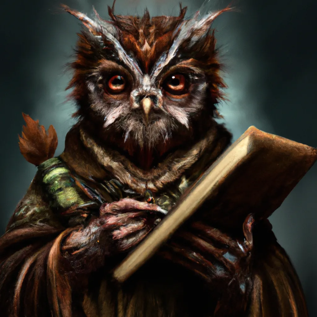 Prompt: a dark brown owlfolk sorcerer, holding a book, medium shot, by Frank Frazetta, dungeons & dragons, digital art, trending on artstation, highly detailed