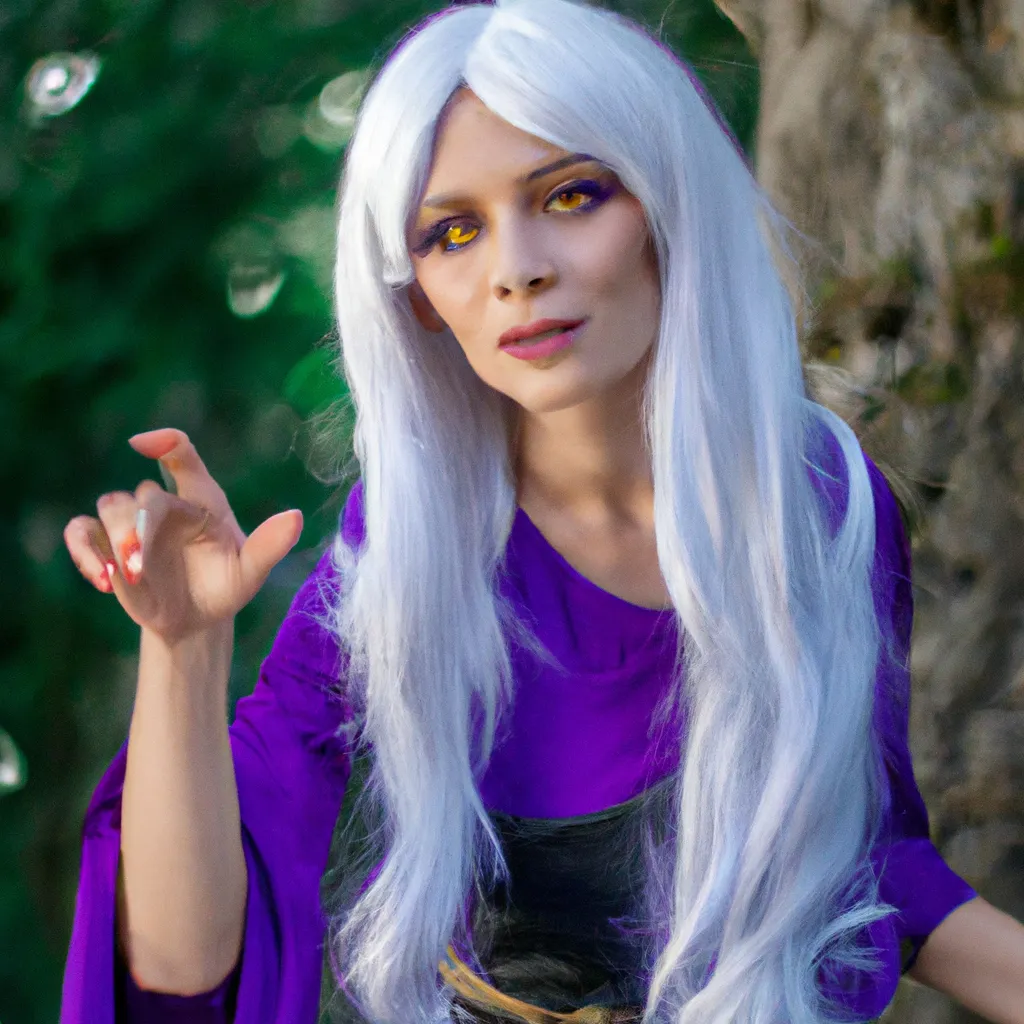 Prompt: A witch with long purple dress, white hair, neotenic eyes. photo realistic cosplay